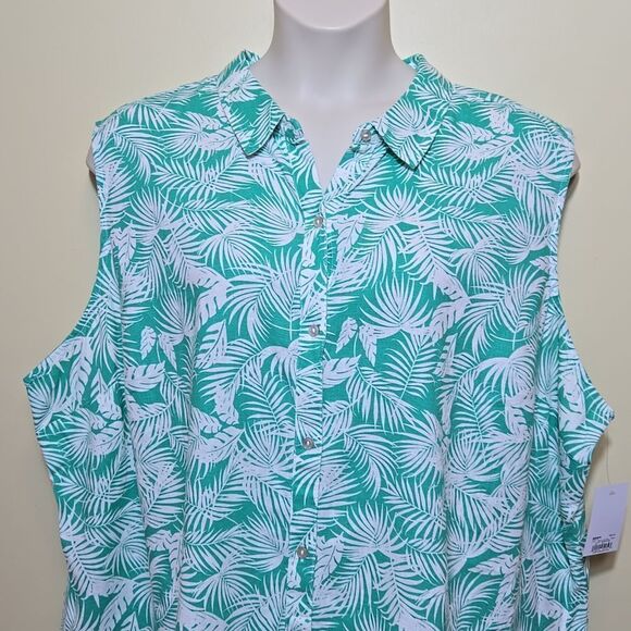 Croft & Barrow Linen Button Down Tank Women Plus 4X Collared Tropical Palm Leaf - Picture 2 of 13